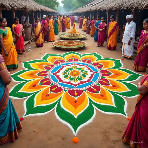 Pongal celebrations and kolam in Tamil village