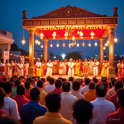 Tamil community gathering with lights and decorations