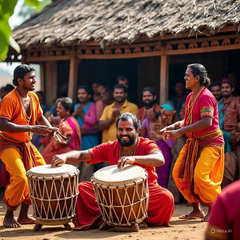 Tamil folk drummers and dancers during festival